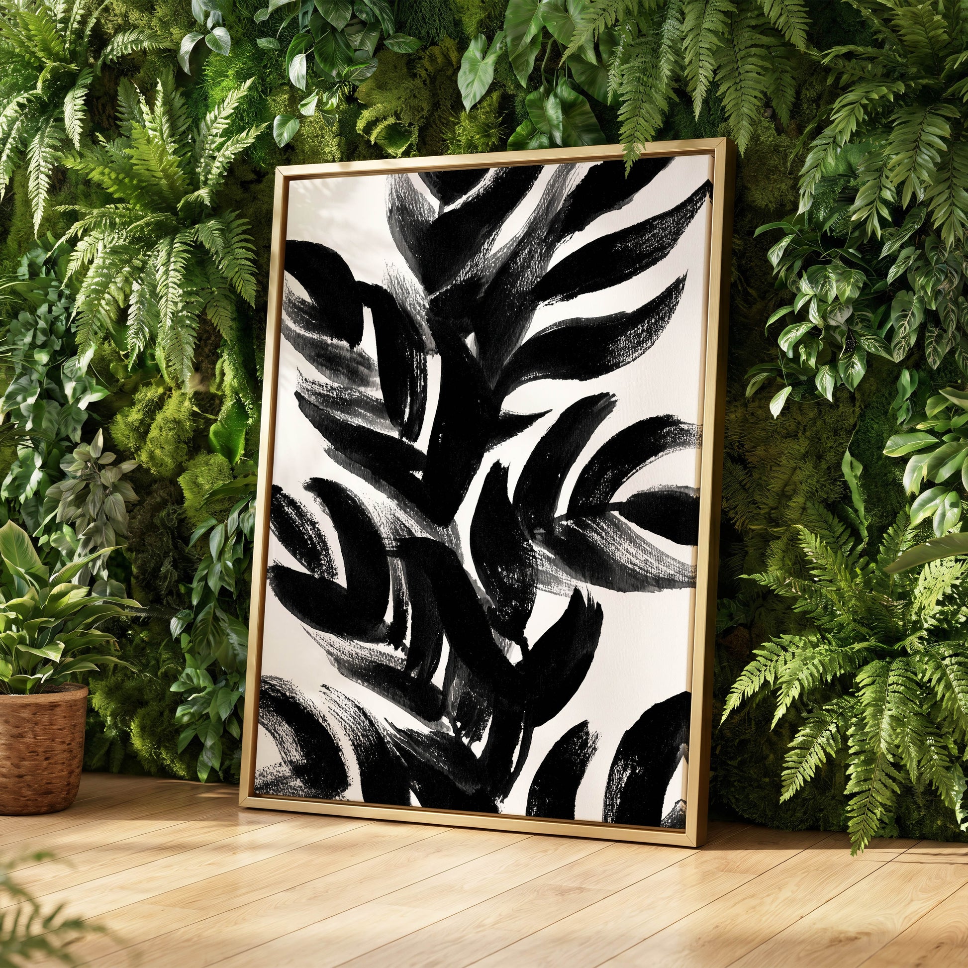 Sable Frond Chorus, black, white, gray nature wall art displayed in a styled interior, gallery view 8