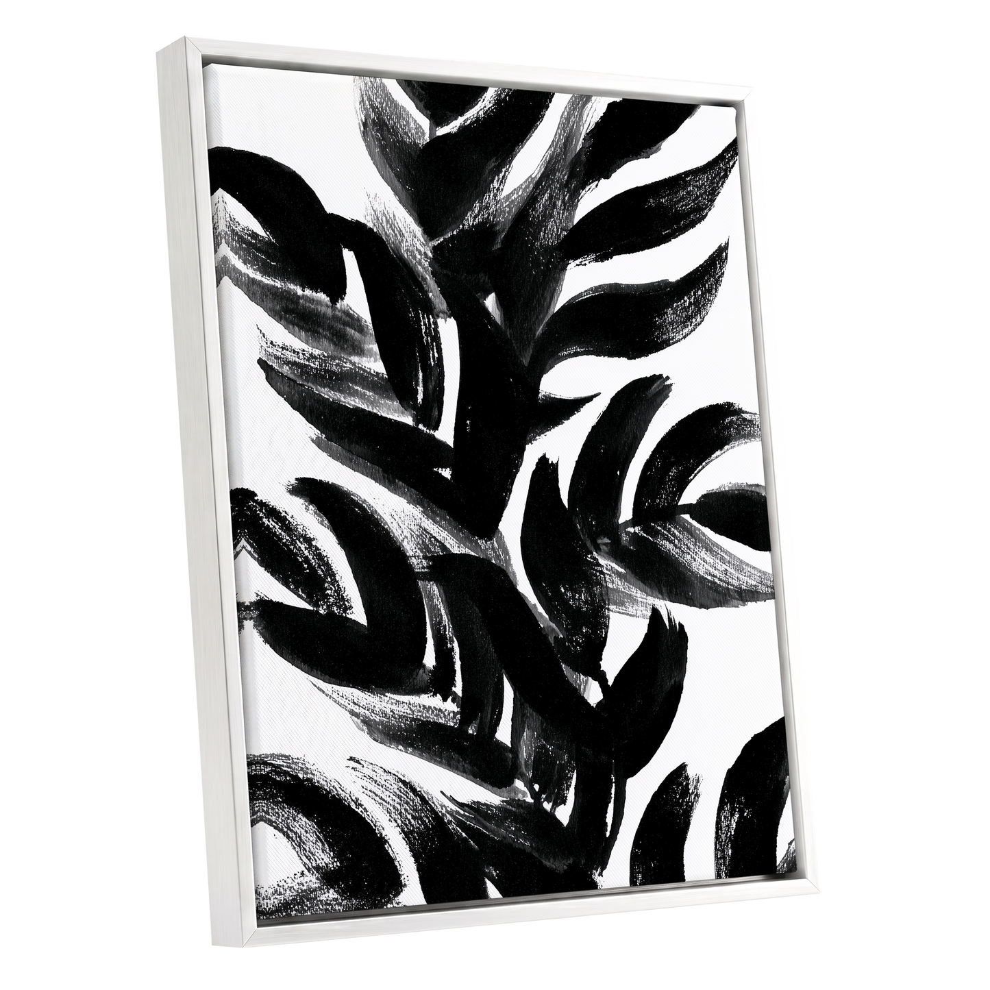 Sable Frond Chorus, black, white, gray nature wall art shown as a white framed canvas wall art
