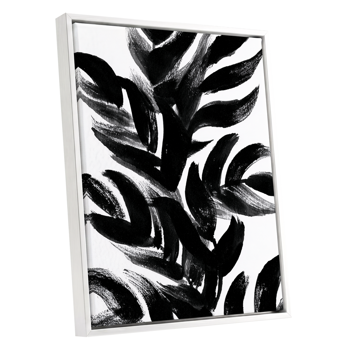 Sable Frond Chorus, black, white, gray nature wall art shown as a white framed canvas wall art