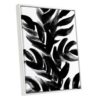 Sable Frond Chorus, black, white, gray nature wall art shown as a white framed canvas wall art
