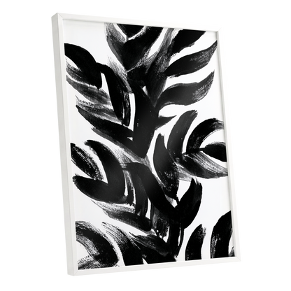 Sable Frond Chorus, black, white, gray nature wall art shown as a white framed poster wall art print