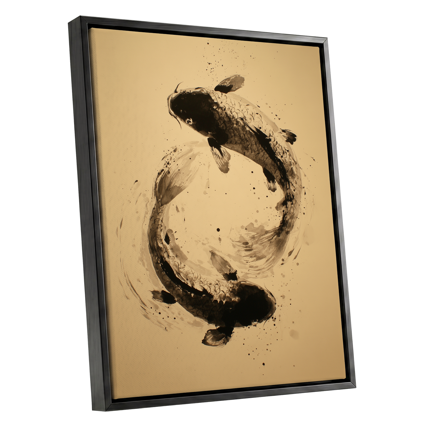 Sable Koi Circle, black, beige, brown nature wall art shown as a black framed canvas wall art