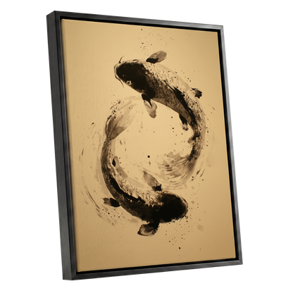 Sable Koi Circle, black, beige, brown nature wall art shown as a black framed canvas wall art