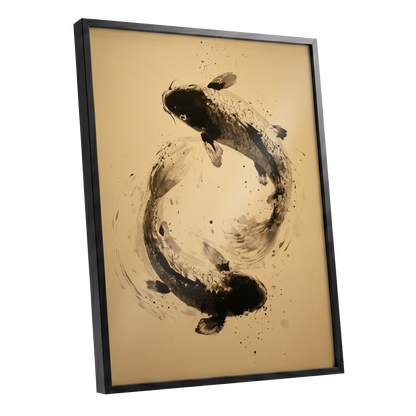 Sable Koi Circle, black, beige, brown nature wall art shown as a black framed poster wall art print