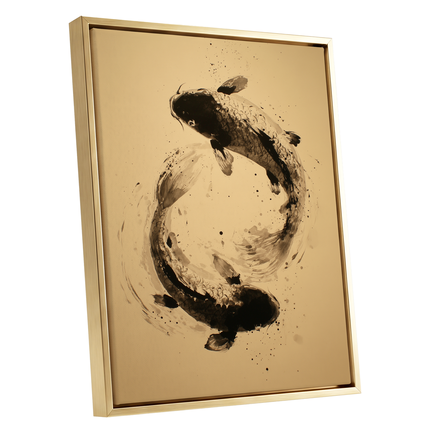 Sable Koi Circle, black, beige, brown nature wall art shown as a gold framed canvas wall art