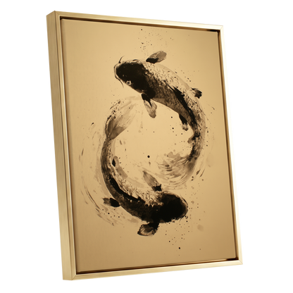 Sable Koi Circle, black, beige, brown nature wall art shown as a gold framed canvas wall art