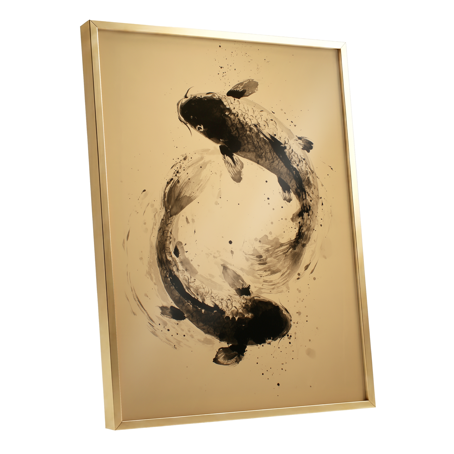 Sable Koi Circle, black, beige, brown nature wall art shown as a gold framed poster wall art print