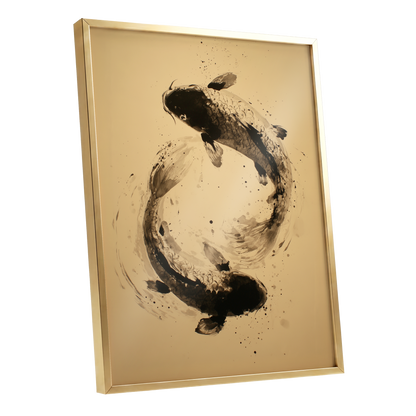 Sable Koi Circle, black, beige, brown nature wall art shown as a gold framed poster wall art print
