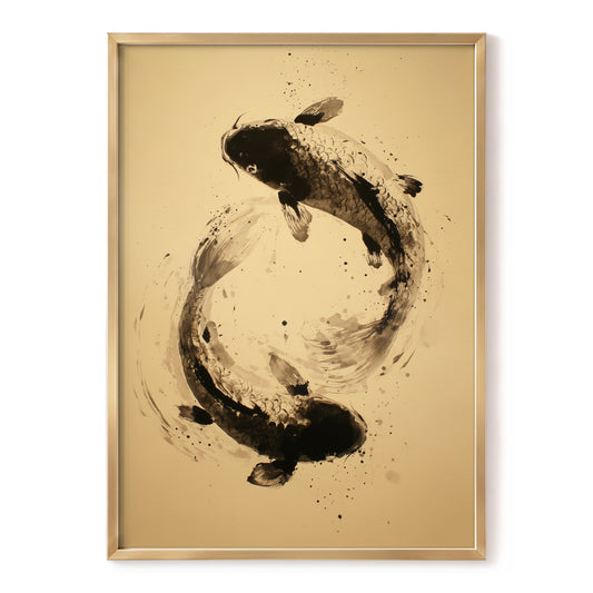 Sable Koi Circle, black, beige, brown nature wall art, front artwork view