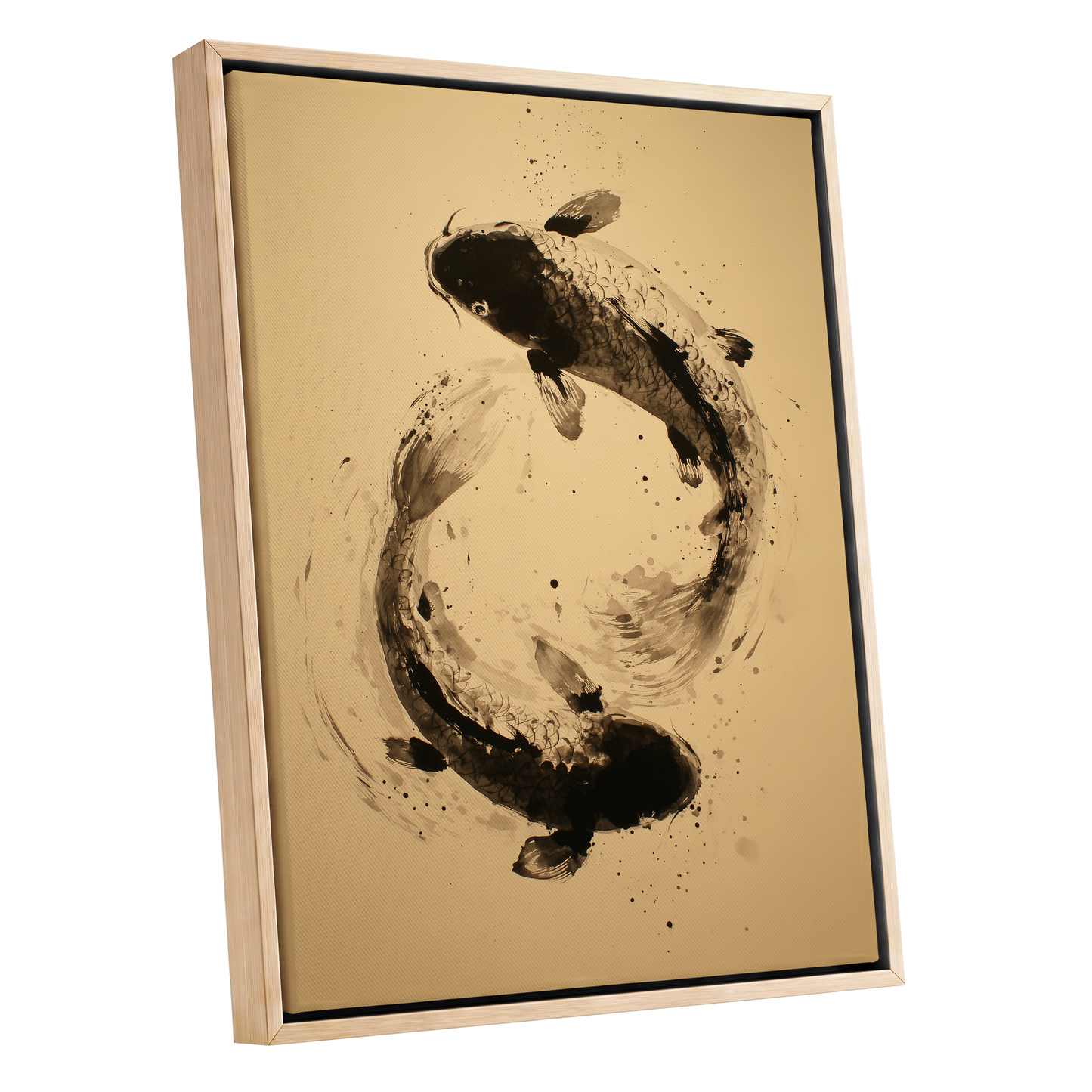 Sable Koi Circle, black, beige, brown nature wall art shown as a oak framed canvas wall art
