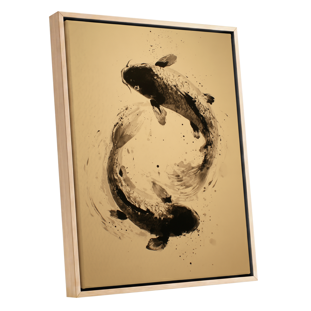 Sable Koi Circle, black, beige, brown nature wall art shown as a oak framed canvas wall art