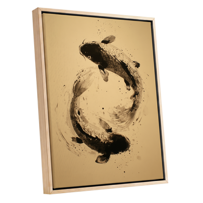 Sable Koi Circle, black, beige, brown nature wall art shown as a oak framed canvas wall art