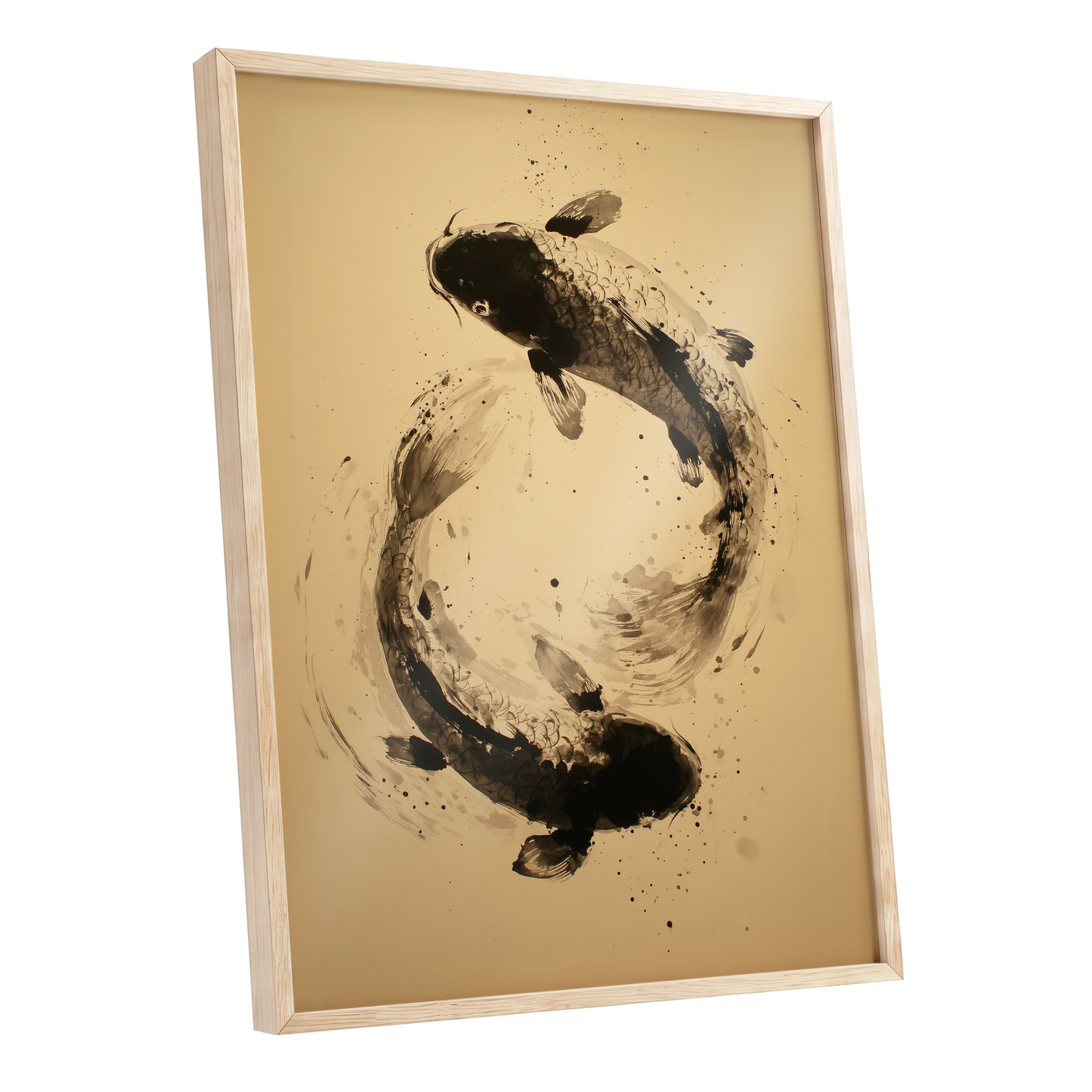 Sable Koi Circle, black, beige, brown nature wall art shown as a oak framed poster wall art print