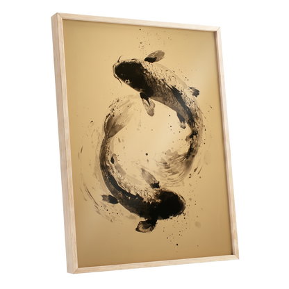 Sable Koi Circle, black, beige, brown nature wall art shown as a oak framed poster wall art print