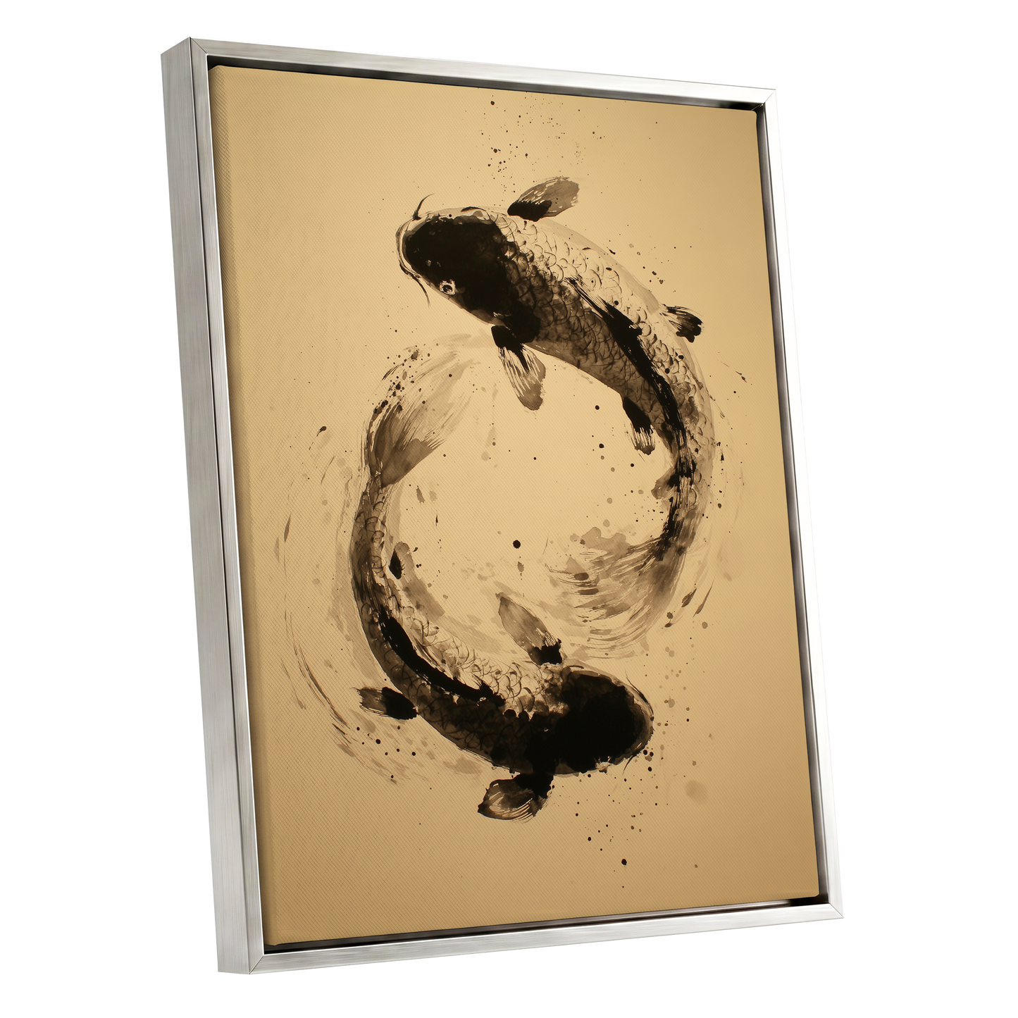 Sable Koi Circle, black, beige, brown nature wall art shown as a silver framed canvas wall art