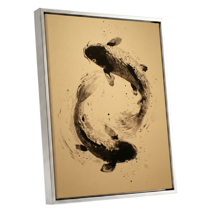 Sable Koi Circle, black, beige, brown nature wall art shown as a silver framed canvas wall art