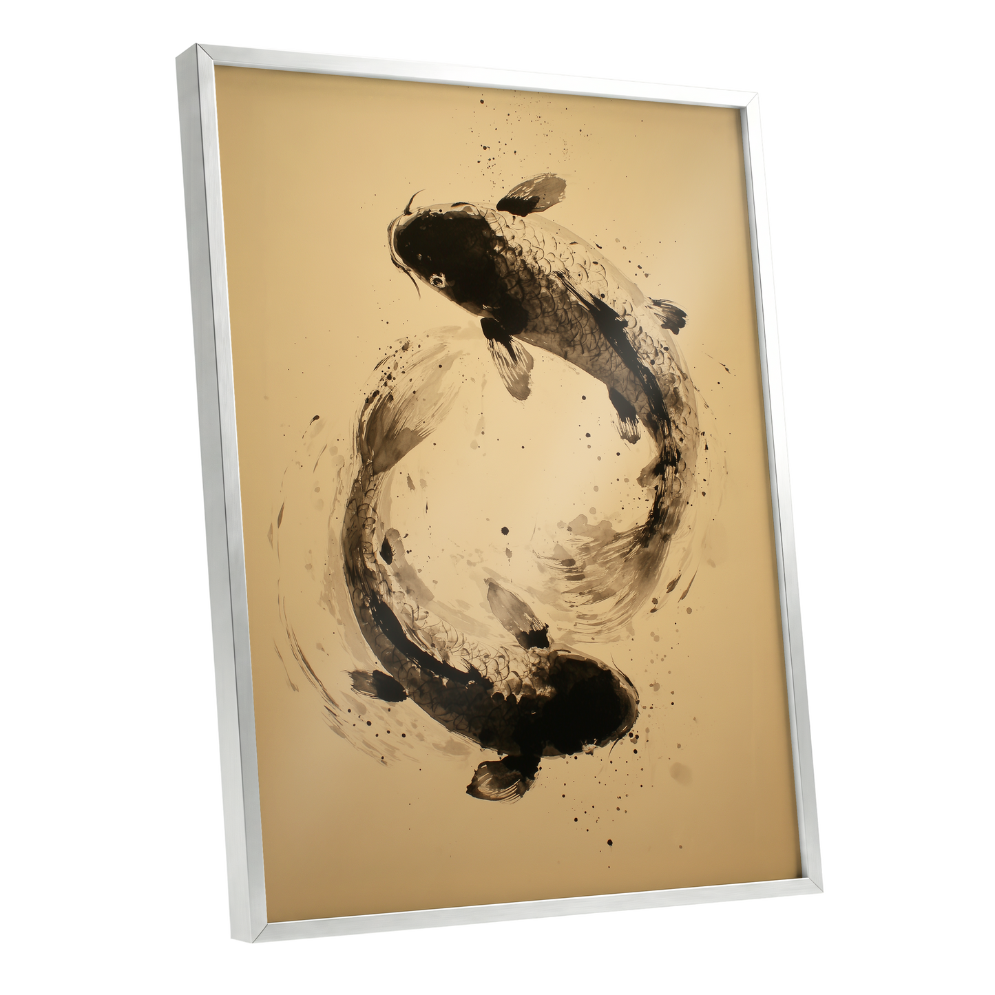 Sable Koi Circle, black, beige, brown nature wall art shown as a silver framed poster wall art print