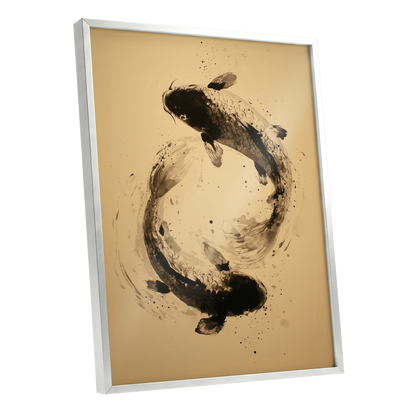 Sable Koi Circle, black, beige, brown nature wall art shown as a silver framed poster wall art print