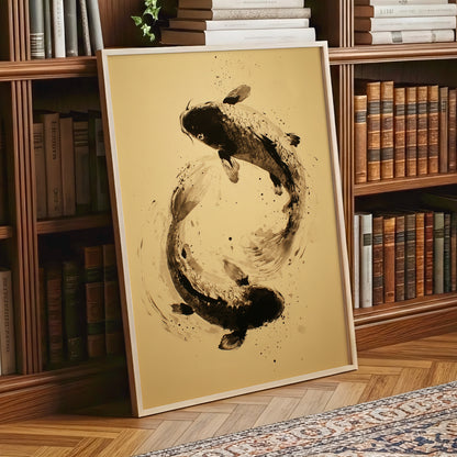 Sable Koi Circle, black, beige, brown nature wall art displayed in a styled interior, gallery view 2