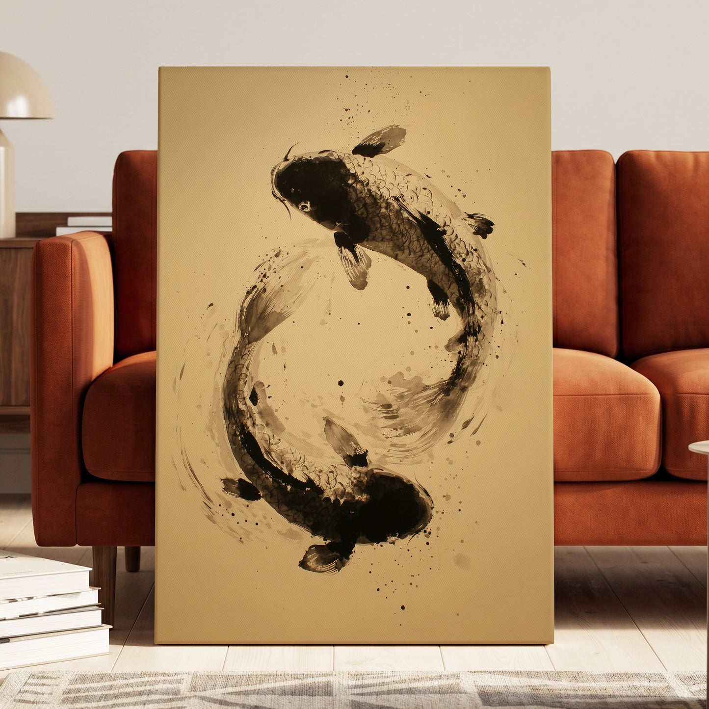 Sable Koi Circle, black, beige, brown nature wall art displayed in a styled interior, gallery view 3