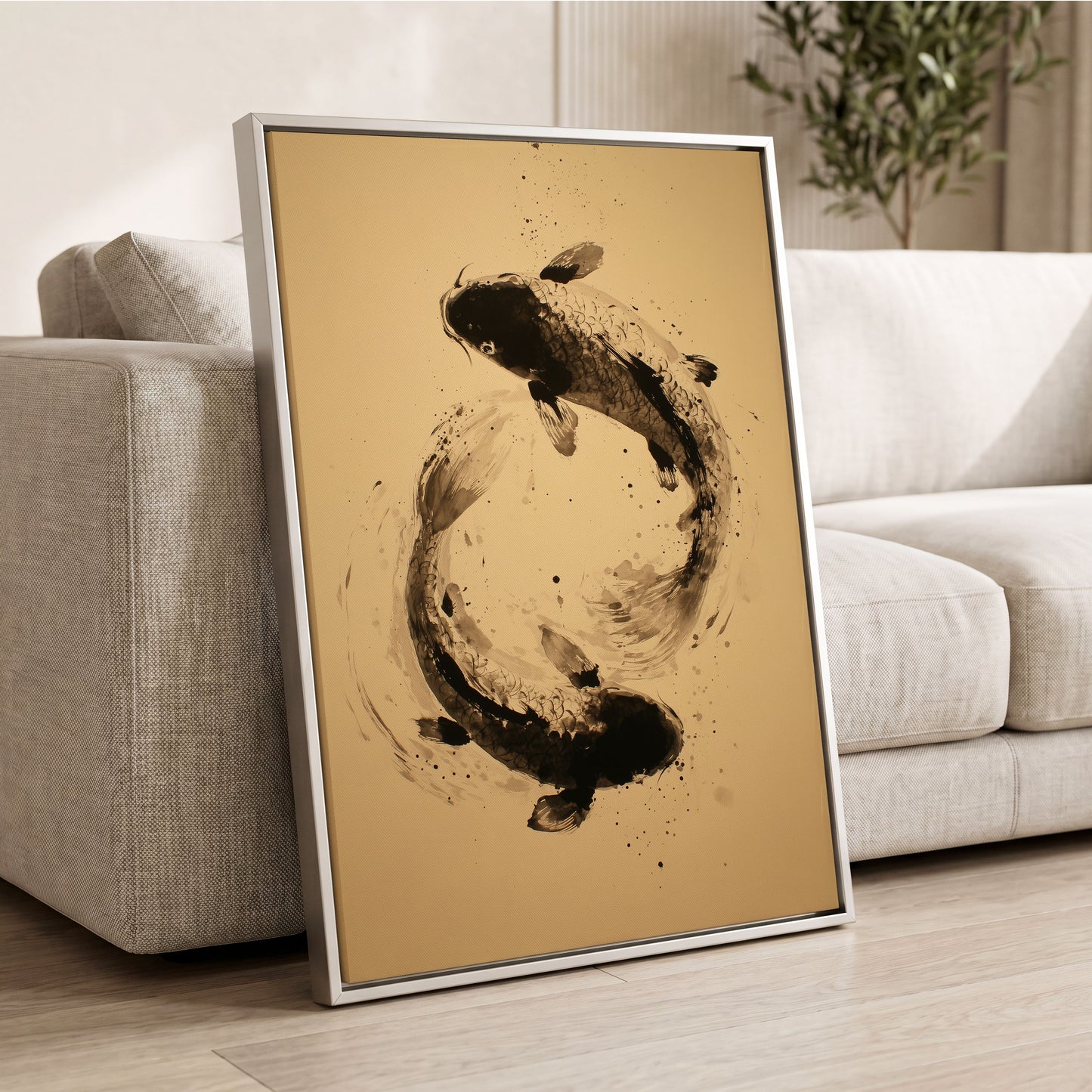 Sable Koi Circle, black, beige, brown nature wall art displayed in a styled interior, gallery view 4