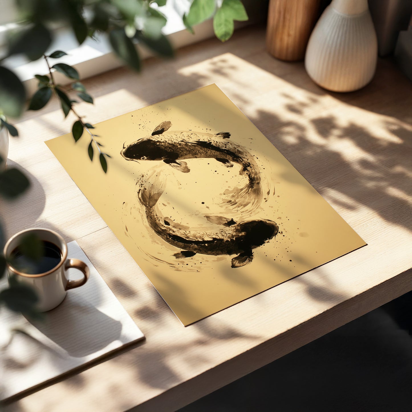 Sable Koi Circle, black, beige, brown nature wall art displayed in a styled interior, gallery view 5