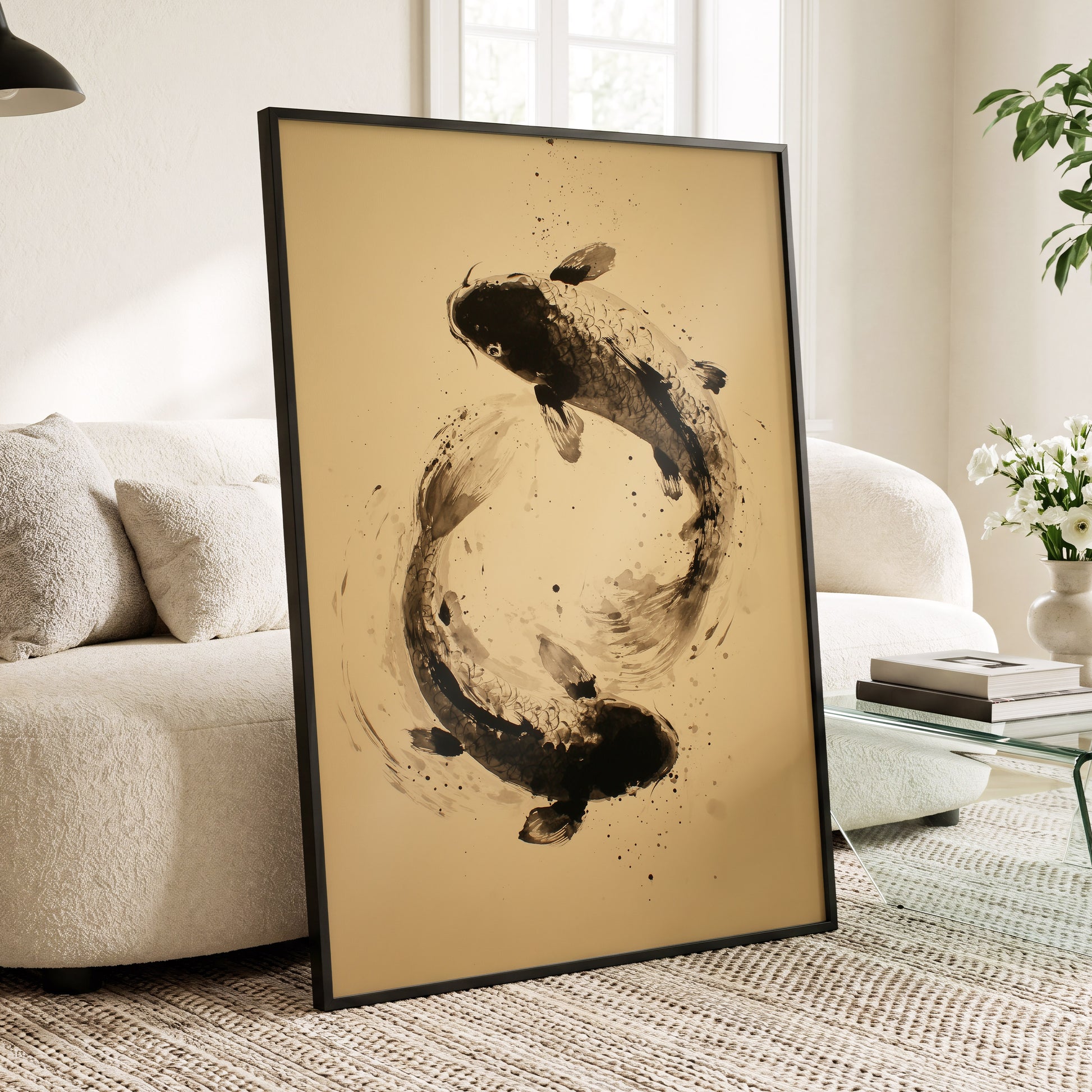Sable Koi Circle, black, beige, brown nature wall art displayed in a styled interior, gallery view 6