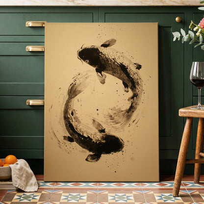 Sable Koi Circle, black, beige, brown nature wall art displayed in a styled interior, gallery view 7