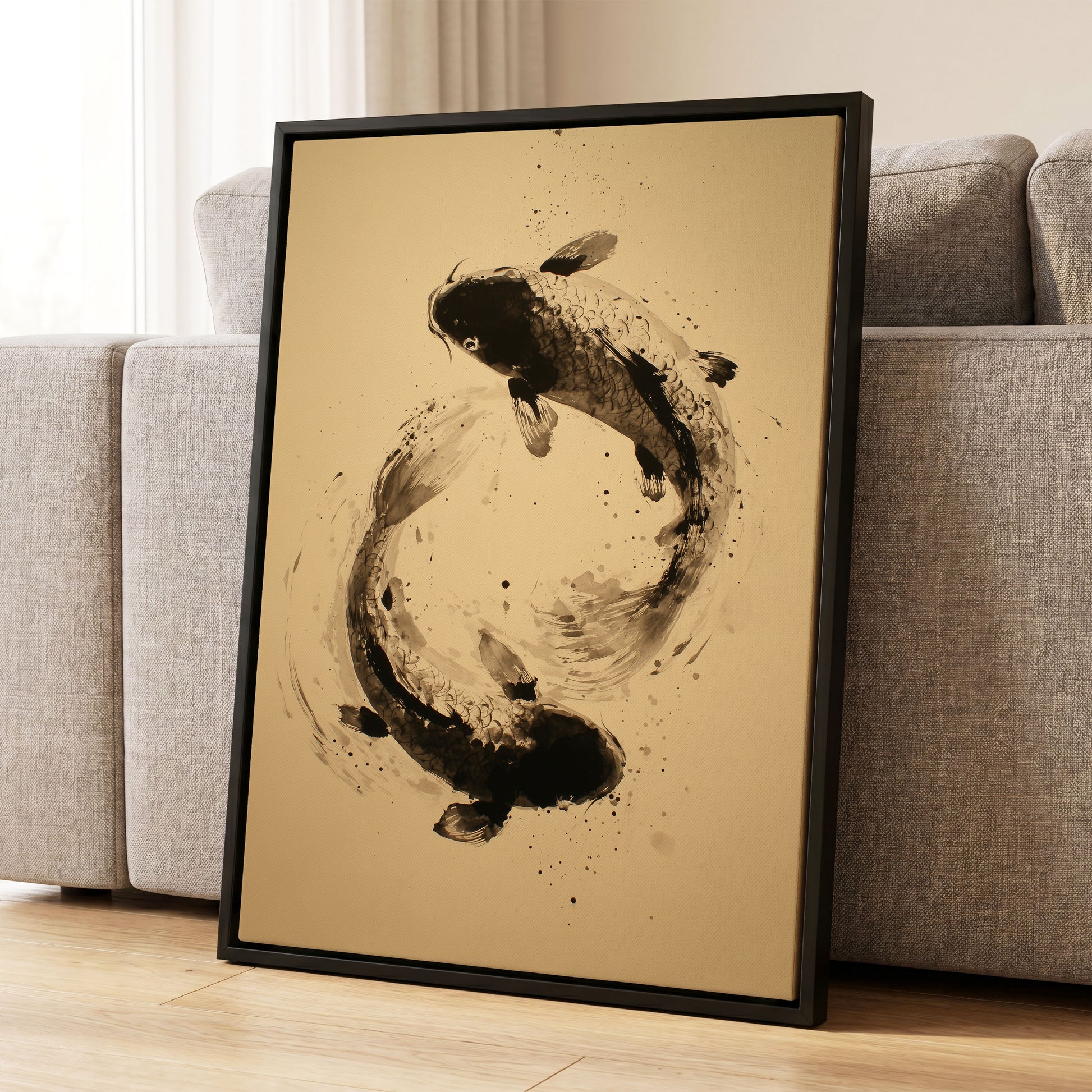 Sable Koi Circle, black, beige, brown nature wall art displayed in a styled interior, gallery view 8
