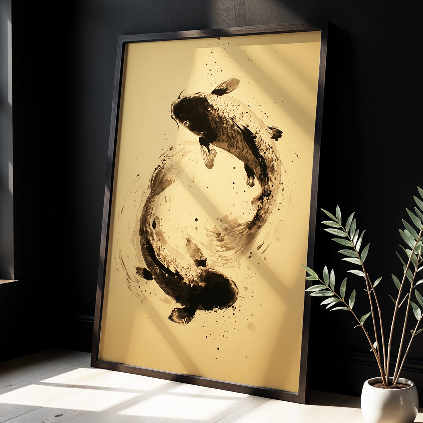 Sable Koi Circle, black, beige, brown nature wall art displayed in a styled interior, gallery view 9