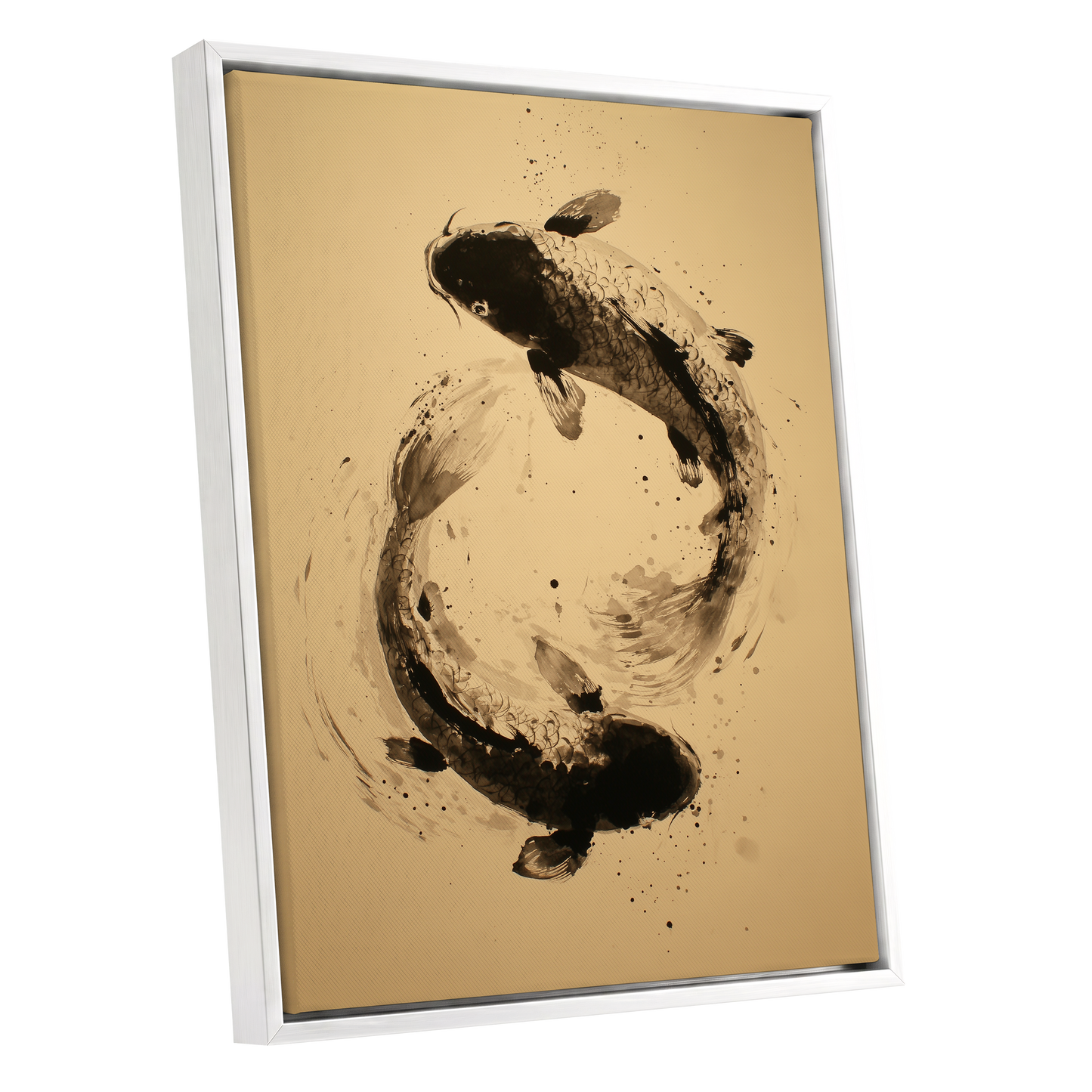 Sable Koi Circle, black, beige, brown nature wall art shown as a white framed canvas wall art