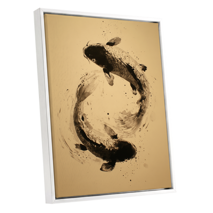 Sable Koi Circle, black, beige, brown nature wall art shown as a white framed canvas wall art