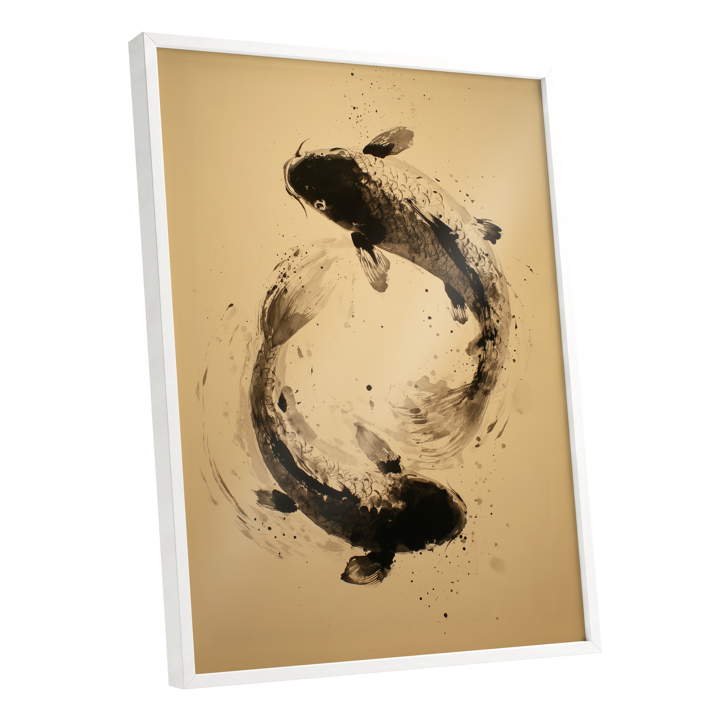 Sable Koi Circle, black, beige, brown nature wall art shown as a white framed poster wall art print