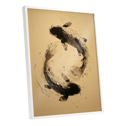 Sable Koi Circle, black, beige, brown nature wall art shown as a white framed poster wall art print