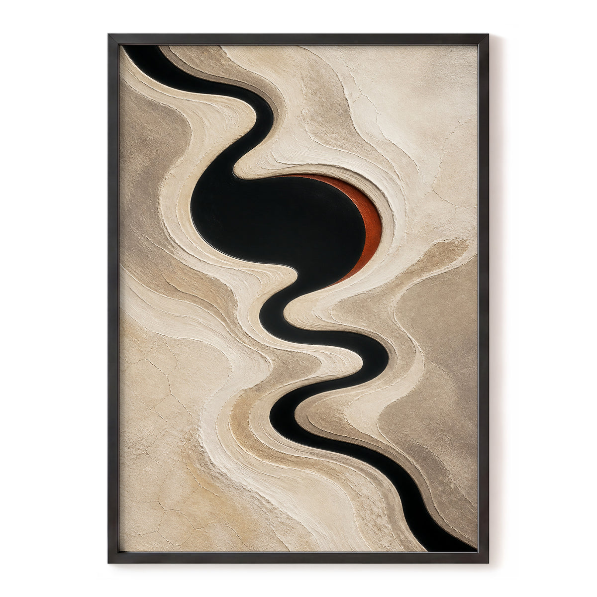 Sable Meander, black, beige, white abstract wall art, front artwork view