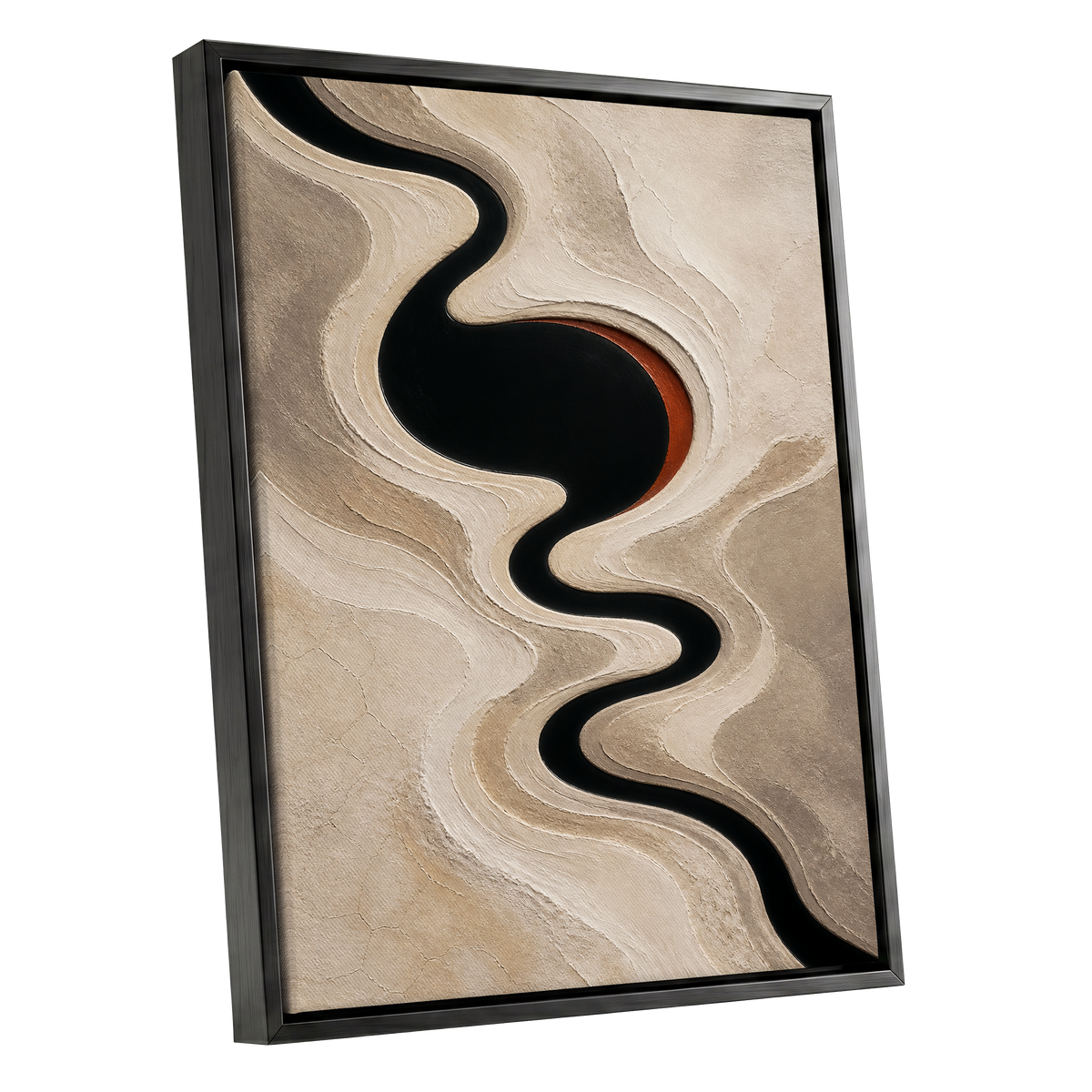 Sable Meander, black, beige, white abstract wall art shown as a black framed canvas wall art