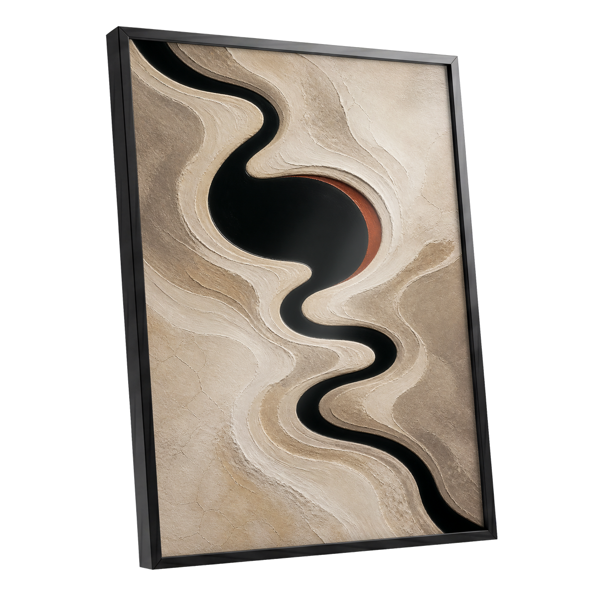 Sable Meander, black, beige, white abstract wall art shown as a black framed poster wall art print