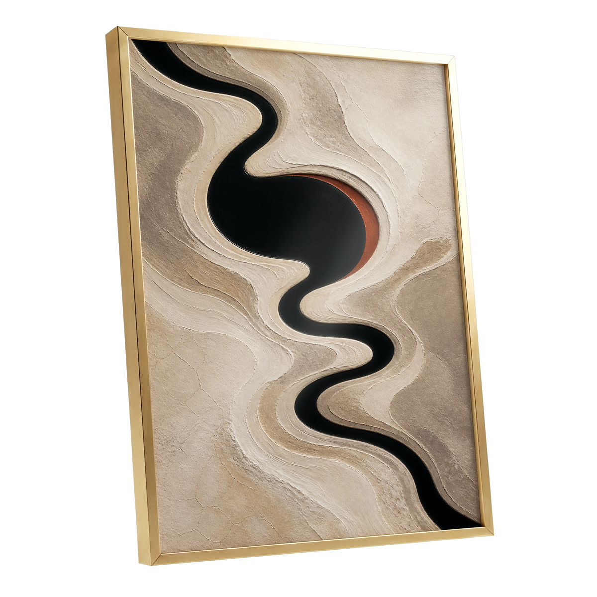 Sable Meander, black, beige, white abstract wall art shown as a gold framed poster wall art print
