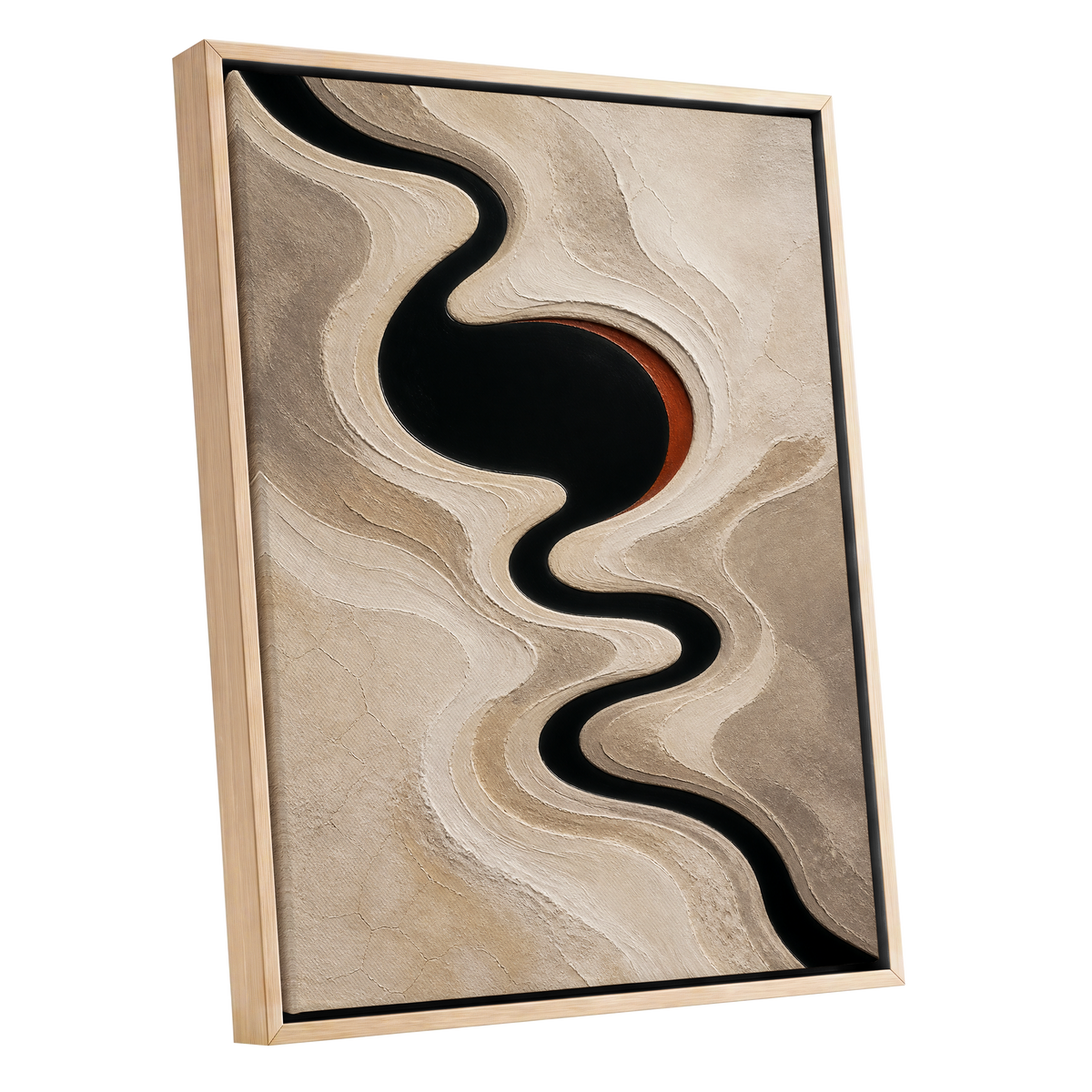Sable Meander, black, beige, white abstract wall art shown as a oak framed canvas wall art