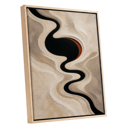 Sable Meander, black, beige, white abstract wall art shown as a oak framed canvas wall art