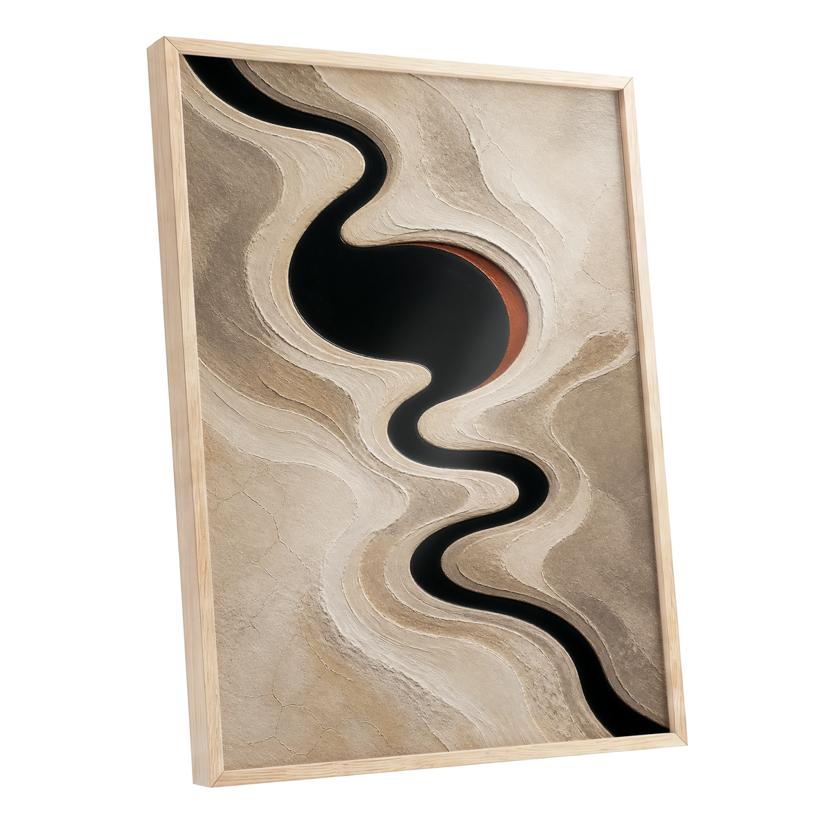 Sable Meander, black, beige, white abstract wall art shown as a oak framed poster wall art print