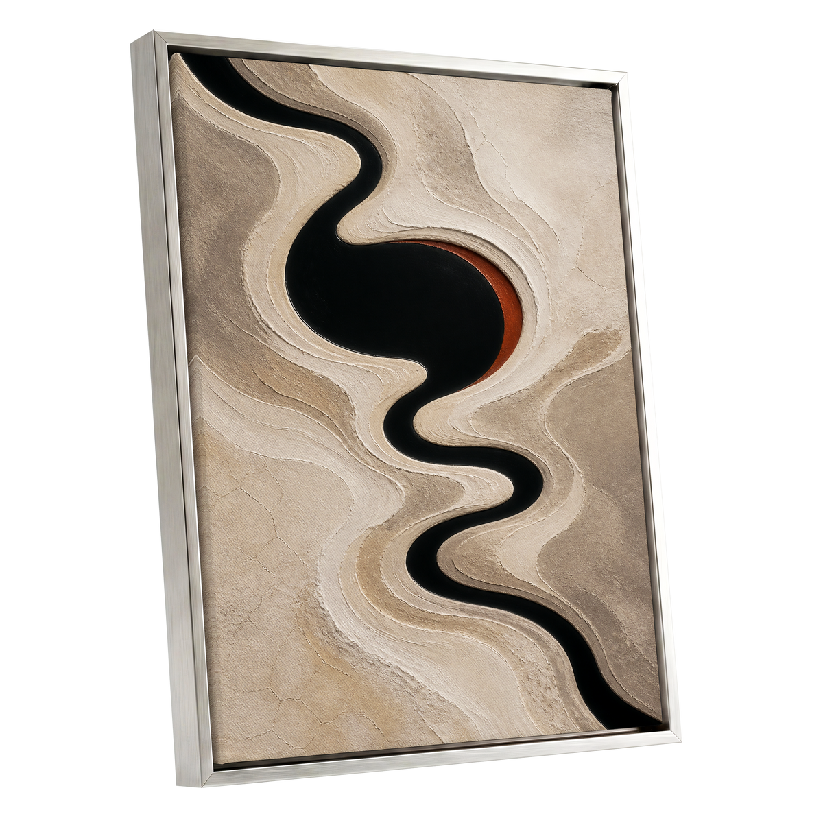Sable Meander, black, beige, white abstract wall art shown as a silver framed canvas wall art