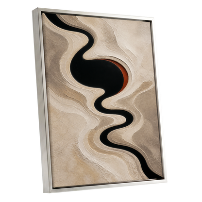 Sable Meander, black, beige, white abstract wall art shown as a silver framed canvas wall art