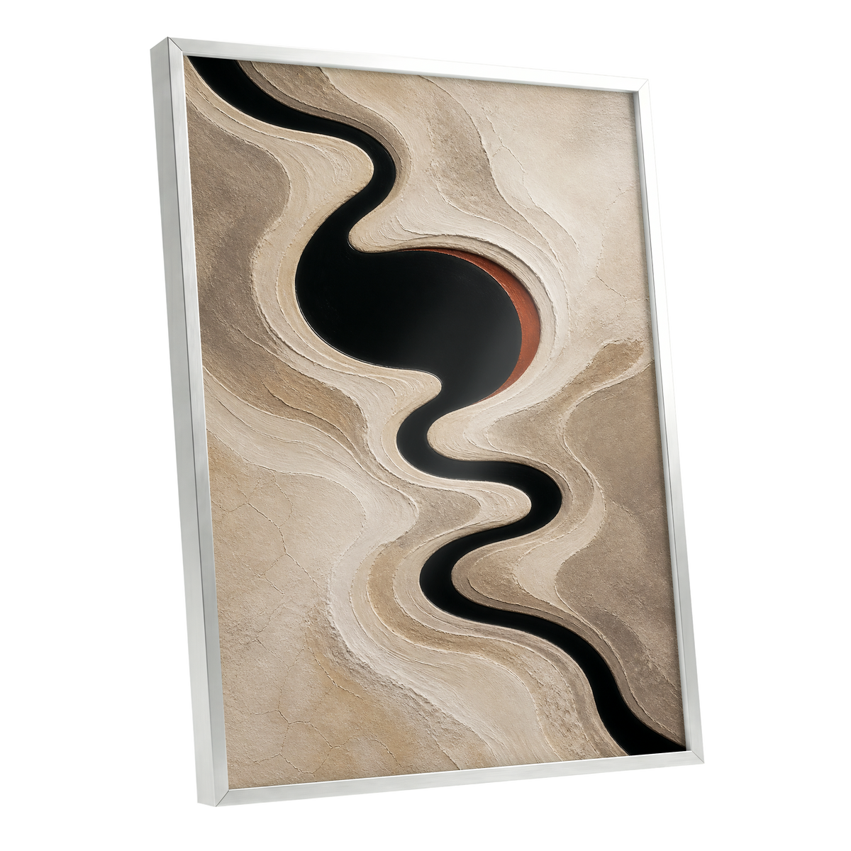 Sable Meander, black, beige, white abstract wall art shown as a silver framed poster wall art print