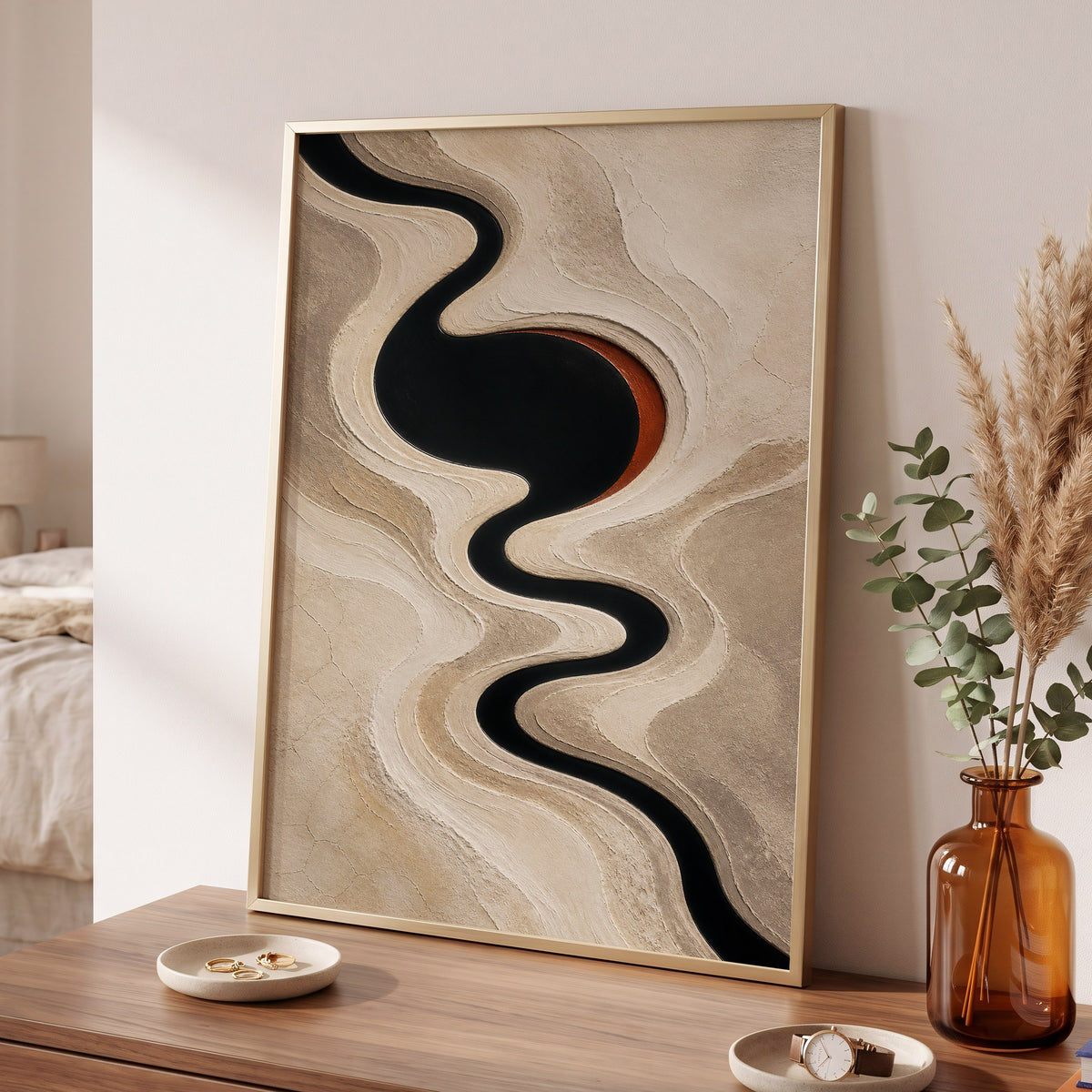 Sable Meander, black, beige, white abstract wall art displayed in a styled interior, gallery view 2