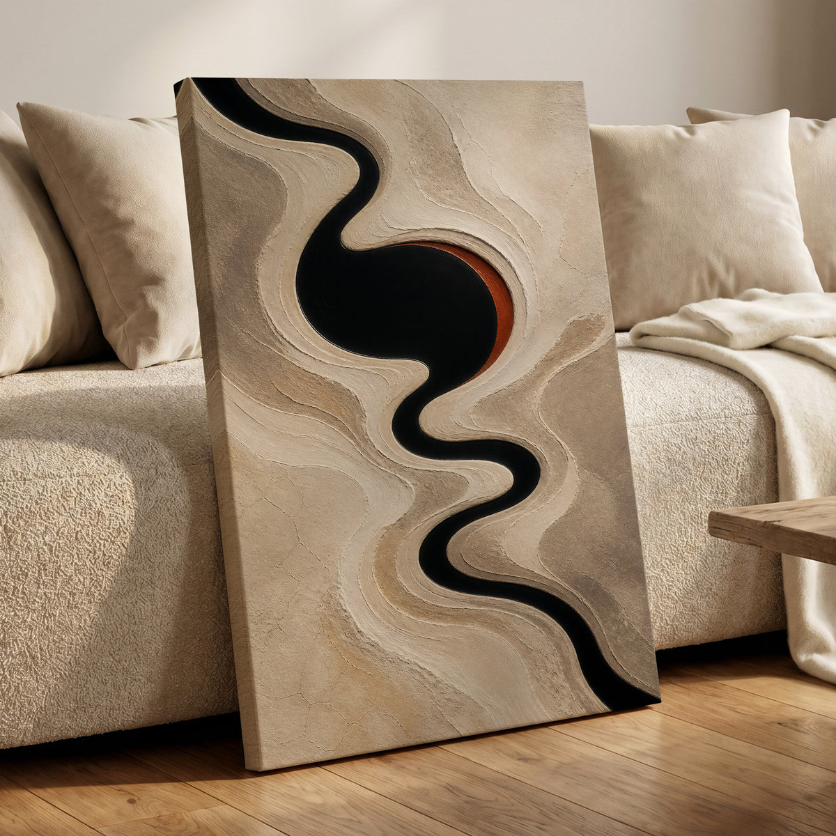 Sable Meander, black, beige, white abstract wall art displayed in a styled interior, gallery view 3
