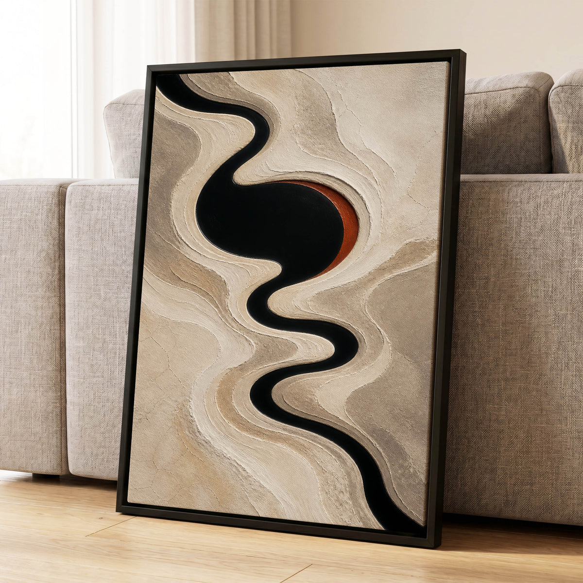 Sable Meander, black, beige, white abstract wall art displayed in a styled interior, gallery view 4