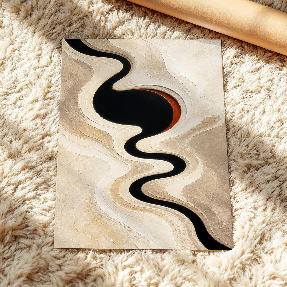 Sable Meander, black, beige, white abstract wall art displayed in a styled interior, gallery view 5