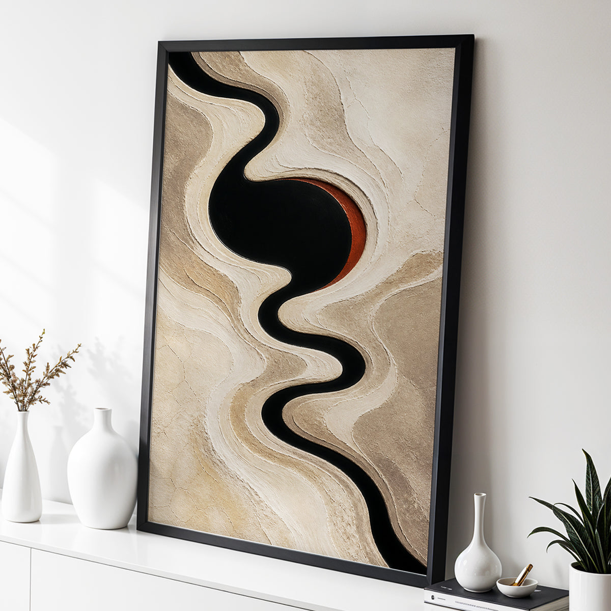 Sable Meander, black, beige, white abstract wall art displayed in a styled interior, gallery view 6