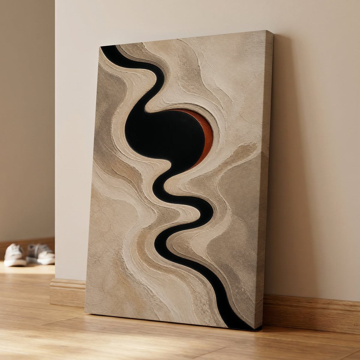 Sable Meander, black, beige, white abstract wall art displayed in a styled interior, gallery view 7